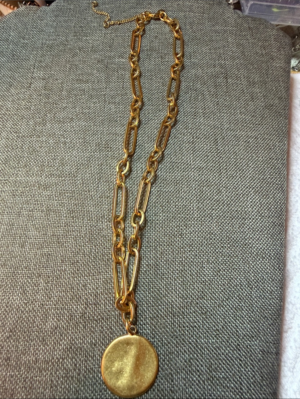 Gold Tone Link Chain Necklace with Round Pendant